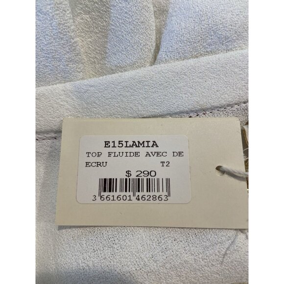 NWT Maje Fluide Top Shirt Blouse 3/4 Sleeve Cream Red Tan Trim Size 2 Medium New - Picture 5 of 6